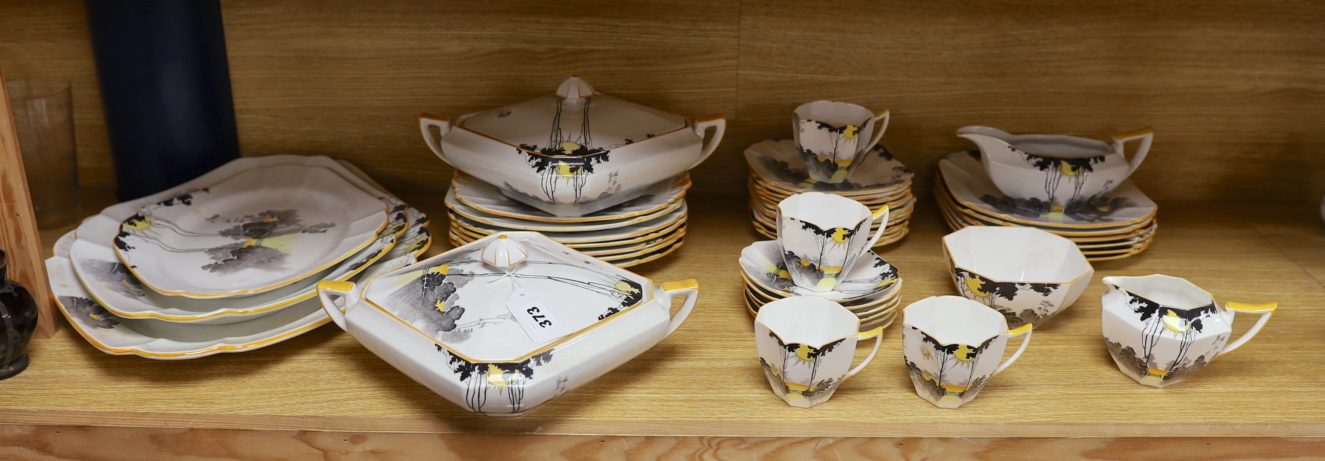 A 1930s Shelley Queen Anne shape Art Deco Sunshine and Tall Trees pattern tea and dinner wares, approx 43 pieces